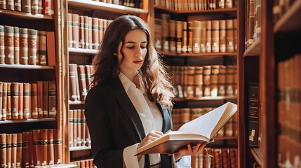female paralegal researching law books in a library setting 