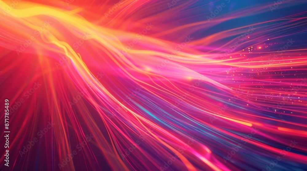 Poster abstract composition of glowing, neon-like lines arranged in a dynamic and energetic pattern, sugges