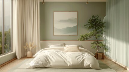 A tranquil bedroom with a bed dressed in crisp white linens, a single piece of art on the wall, and a potted plant by the window, evoking a sense of calm and simplicity.