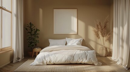A tranquil, minimalist bedroom with a muted color scheme, featuring a neatly made bed with crisp white linens and a single piece of artwork on the wall.