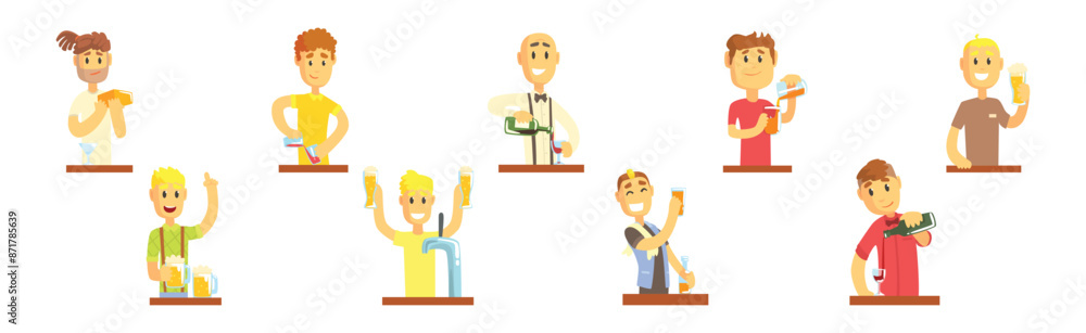 Poster Man Bartender Character Pouring and Serving Alcoholic Drink at Counter Vector Set