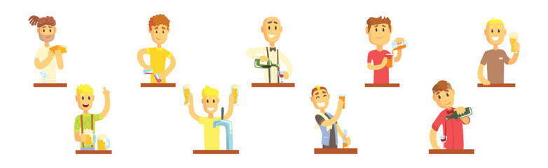 Man Bartender Character Pouring and Serving Alcoholic Drink at Counter Vector Set