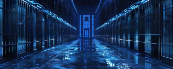 Fototapeta premium Symmetrical view of prison cells with iron bars, lit in blue. Free copy space for text.
