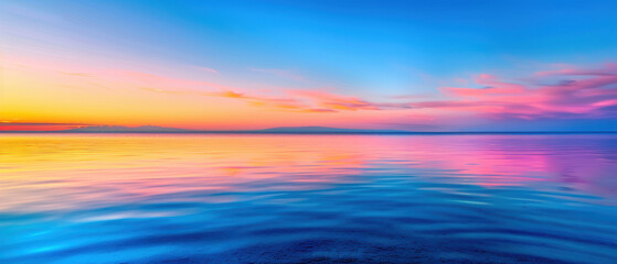 A beautiful blue ocean with a pink and purple sky