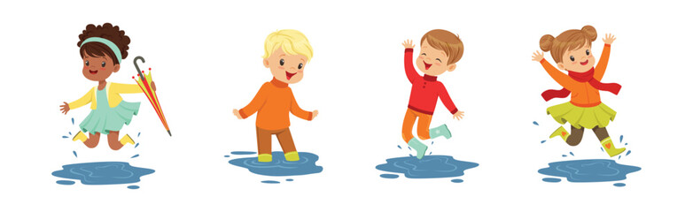 Cute Little Kid Character Splashing in Puddle Vector Set
