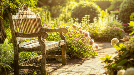 Obraz premium Rustic Wooden Bench in Sunlit Flower Garden Pathway