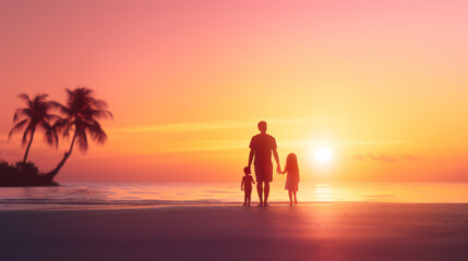 Sunset beach stroll with a Black family on a summer vacation copy space, tranquil, futuristic, silhouette, tropical beach