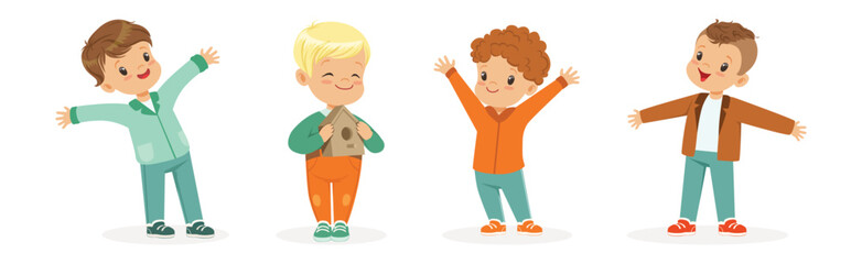 Cute Little Boy Kid Character in Warm Season Vector Set