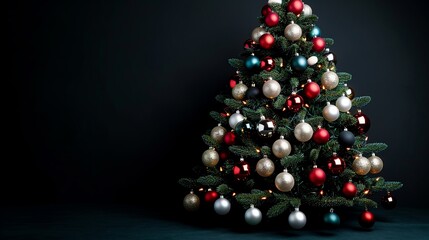 Fototapeta premium Christmas tree with ornaments and lights, festive cheer, black background