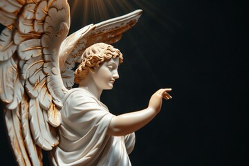 Angel with outstretched wings, divine light, black background