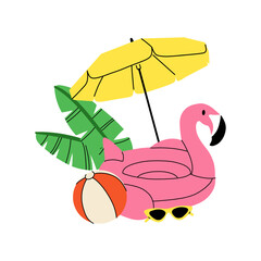 Summer beach. Umbrella, sun lounger, inflatable flamingo ring and hat. Sunglasses. Summertime holiday journey. Sea vacation print composition, card or poster. Vector cartoon flat isolated illustration