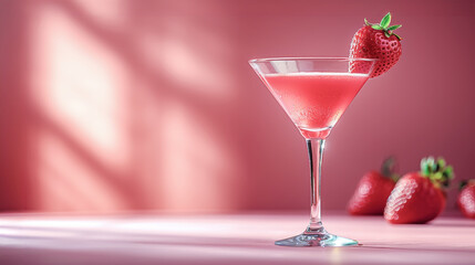 A sleek banner showcasing a strawberry cocktail in a martini glass, garnished with a whole strawberry on the rim, set against a pastel pink background.