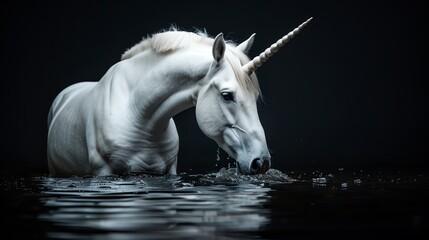 Unicorn drinking from a crystalclear pond, serene nature, black background