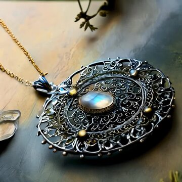 An intricately designed brooch crafted from oxidized sterling silver and adorned with iridescent moonstone, suspended from a delicate 14-karat gold chain, boasting a soft, ethereal glow. 