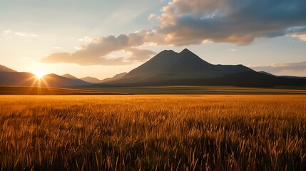 Mountain range at sunrise, golden light