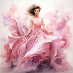 A woman with a head and human body is depicted in a long pink gown with flowing sleeves, dancing in a beautifully painted art piece,generated by AI