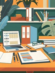 A cluttered desk with a laptop, paperwork, and office supplies. A bookshelf with folders and a potted plant are in the background.