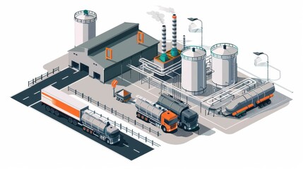 Isometric illustration of an industrial plant with storage tanks, smokestacks, and trucks for transportation of goods.