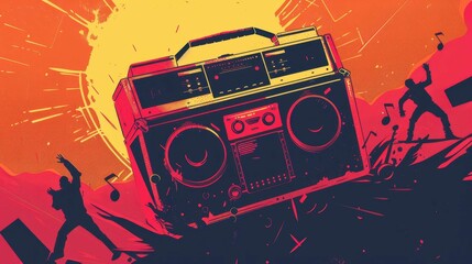 Retro boombox illustration with a vibrant background and dancing silhouettes, capturing the energetic vibe of the 80s music scene.