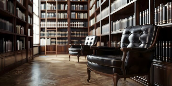 Classic Library Ambiance with Tall Wooden Shelves, Vintage Books, and Leather Armchairs. Concept Vintage Library, Wooden Shelves, Antique Books, Leather Armchairs, Classic Ambiance