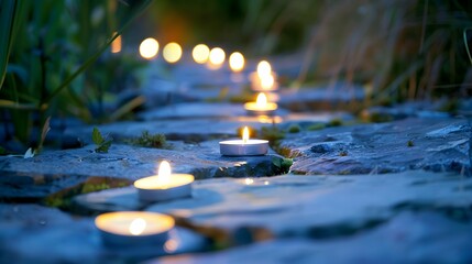 row of lit tealight candles on a rustic stone path
