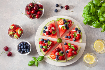 watermelon pizza slices with yogurt and berries, summer dessert