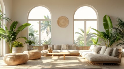 Tropical minimalist interior with large windows, green plants and stylish furniture in light colors. cozy bright interior in loft style