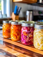 sauerkraut-filled jars lined up on a wooden countertop