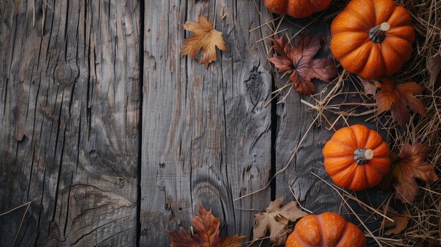 Autumn harvest theme with pumpkins leaves and straw on wood Halloween concept banner Top view layout
