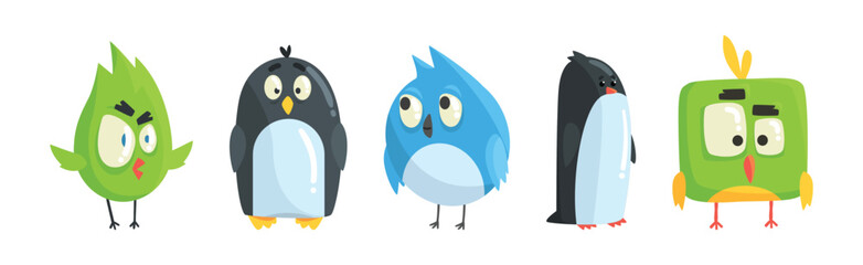 Funny Bird Comic Flying Creature with Big Eyes Vector Set