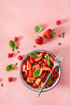 watermelon salad with strawberry raspberry basil seeds. healthy summer dessert