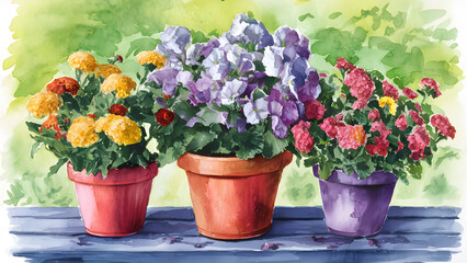 Naklejka premium Three potted plants of different colors are arranged on a table