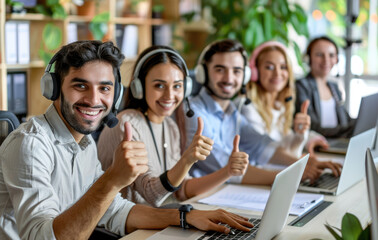 A group of happy and diverse people wearing headsets in front of their laptops, giving thumbs up and smiling at the camera against an office background in bright daylight