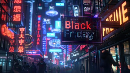 "Thrilling Black Friday: Holographic Store Signage in Cyberpunk Style"