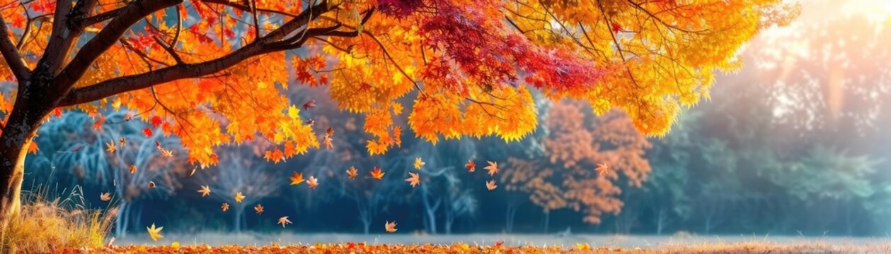 Scenic autumn landscape with colorful trees, falling leaves, peaceful nature scene, vibrant foliage, crisp air, fall tranquility, picturesque beauty, serene atmosphere