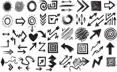 Arrow line hand drawn brush vector set. Grunge square, spiral, arrow element scribble line brush hand drawn sketch design. Grunge abstract chalk, crayon pencil style. Vector illustration 