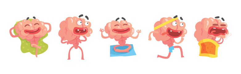 Funny Brain Character Engaged in Different Activity Vector Set