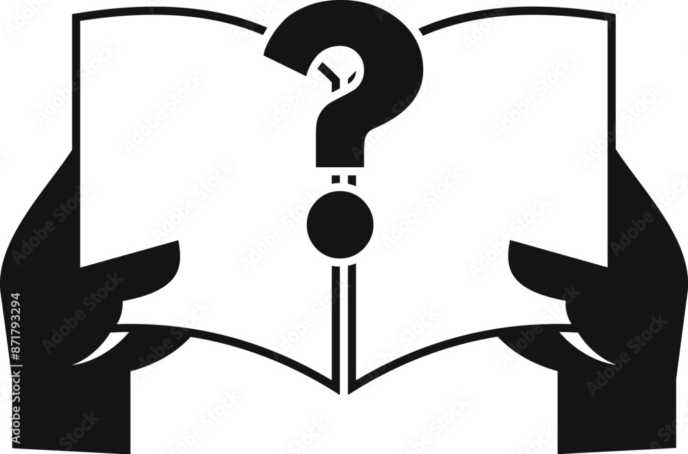 Poster black and white icon of a person holding an open book with a question mark coming from it