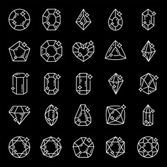 Diamonds, white line icons. Jewelry and gemstones in various shapes. luxury and fashion themes. Symbols on black background. Editable stroke.