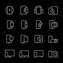 Device connection, white line icons. Connecting gadgets and devices. Ideal for tech and communication themes. Symbols on black background. Editable stroke.