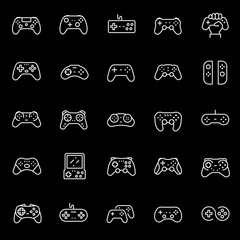 Gamepads, white line icons. Video game controllers and joypads. gaming and entertainment themes. Symbols on black background. Editable stroke.