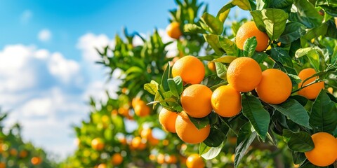 A tree full of oranges hanging from its branches. The oranges are ripe and ready to be picked