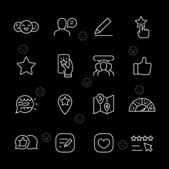 Feedback, white line icons. Testimonials and evaluations on social networks. communication and customer service themes. Symbols on black background. Editable stroke.