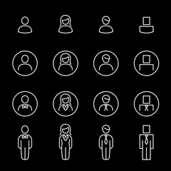 User profiles, white line icons. Icons of men, women, non-gender, and robots. Ideal for social media and communication themes. Symbols on black background. Editable stroke.
