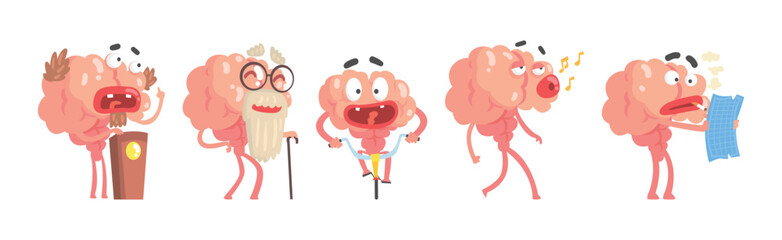 Funny Brain Character Engaged in Different Activity Vector Set
