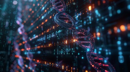 Fototapeta premium Genetic sequencing data visualized with AI and algorithms, hyper realistic, scientific analysis, cutting-edge research