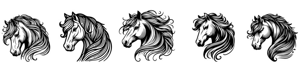 collection of line art horse portraits black and white vector