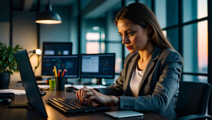 Experienced female professional utilizing a computer device in the office, showcasing productivity, diversity, empowerment and the embrace of modern technology