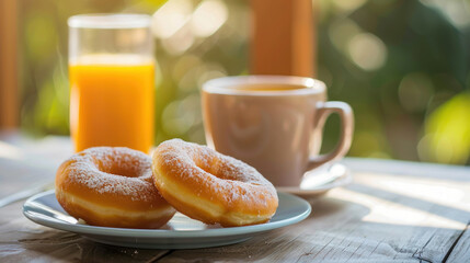 Donut breakfast with coffee and orange juice on a table