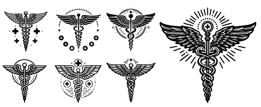 collection of black and white caduceus symbols vector graphics